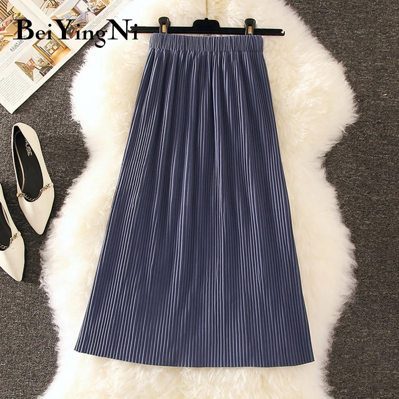 

Beiyingni 2019 Autumn Women Skirt Knit Casual Korean High Street Vintage Skirts Woman Pure Color Spring Pleated Midi Skirt Lady