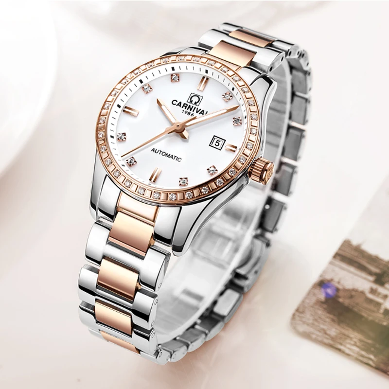 CARNIVAL Luxury Brand Mechanical Watches for Women Fashion Stainless Steel Automatic Wristwatch Waterproof Luminous Montre Femme