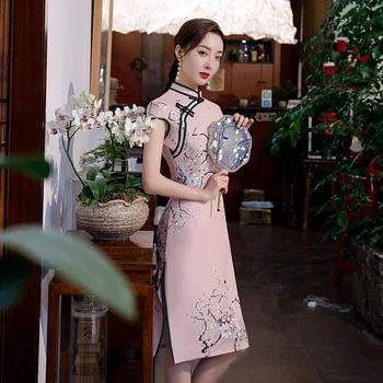 

Pink Plus Size 4XL Rayon Lady Summer Daily Cheongsam Dress Print Flower Elegant Slim Evening Gowns Vintage Short Sleeve Qipao
