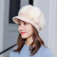 Зимние женские вязаные шапки Rrabbit, Меховая кепка, зимняя шапка, шапочки для девочек, новая теплая Толстая Женская регулируемая крышка