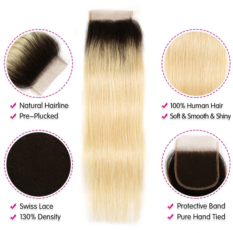 Волосы UNICE 1B/613 медовый блонд, бразильские прямые волосы Remy, человеческие волосы, 3 пряди, с кружевной застежкой, блонд, Омбре, пряди с застежкой