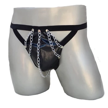

Men G-Strings Fashion Sexy Briefs Faux Leather Bandage Chain Thong Underwear Black underpants male Intimates