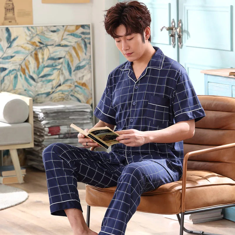 

Korean-style Youth Summer Thin Men Pajamas Summer Pure Cotton Short Sleeve Tracksuit Loose And Plus-sized Set 2616
