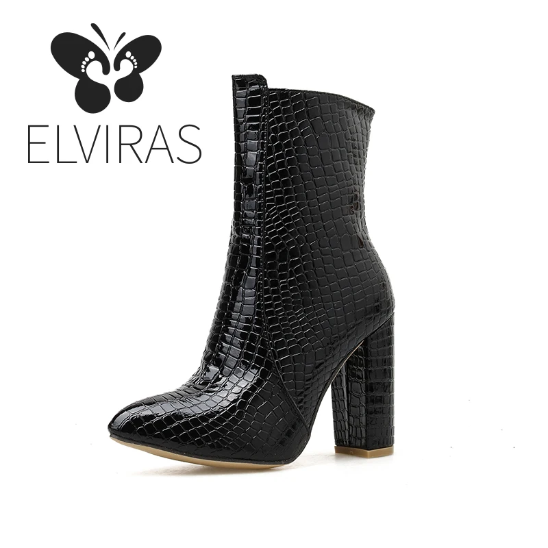 

ELVIRAS Snake Skin Ankle Boots for Women Chunky Boots High Heel Autumn Winter Pointed Toe Booties Woman Zipper Long boots 2019