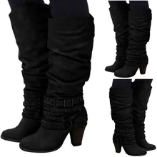 Spring Winter New Womens Leather Rivets Strap Knee-High Buckle Shoes Cowboy Wedges Slip-On Boots black shoes woman#O17