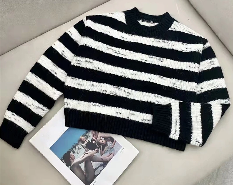 新品未使用 長袖セーターラウンドネック 秋冬ファッションブランド クラシックなラグジュアリー コントラスト 黒 白 ストライプ コレクション1407 新品 在庫即納 Hashaliach Co Il