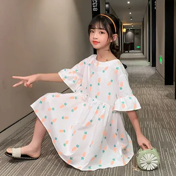 

White Print Summer Dresses For Kids Cotton Petal Sleeve Straight Dress Baby Big Girls Knee Length Cute Children Dresses Clothing