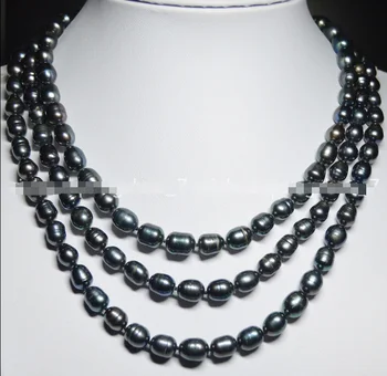 

NATURAL 3 ROWS 7-8MM BLACK TAHITIAN CULTURED PEARL JEWELRY NECKLACE 17-19”