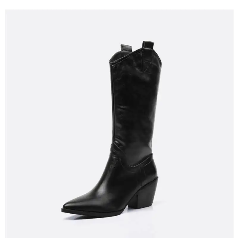 REAVE CAT/красивые ботинки до середины икры из искусственной кожи плиссированные женские сапоги с острым носком на толстом квадратном каблуке, размер 33-45, осень - Цвет: Black