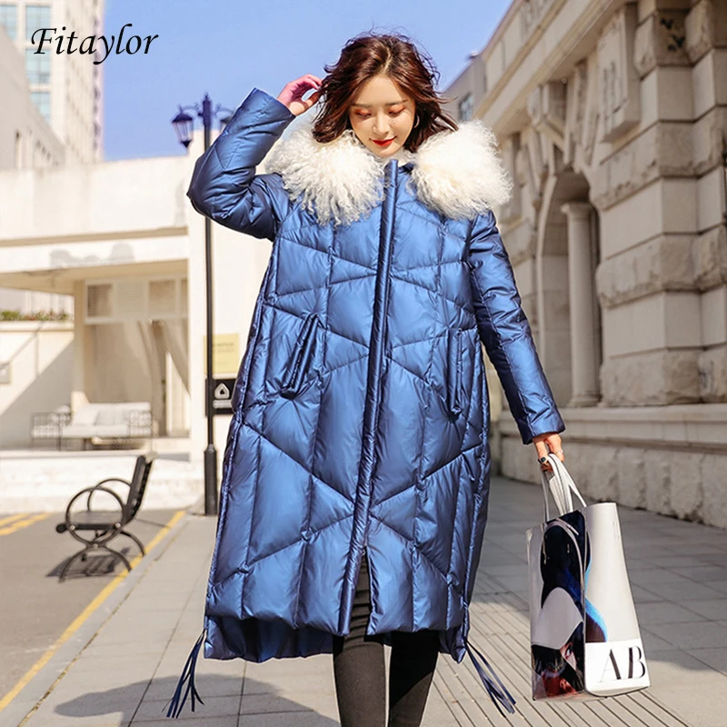 

Fitaylor Winter Jacket Women 90% White Duck Down Coats Large Real Fur Collar Loose Parkas Outerwear Glossy Waterproof Jackets