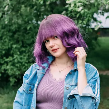 

COSYCODE Purple Wig with Bangs Short Bob Wig 12'' Natural Wave Wavy Curly Women Wig Non-Lace Synthetic Cosplay Wig Costume 30 cm