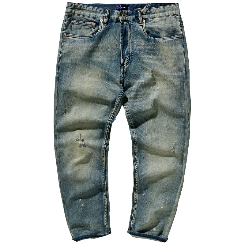 2021 Summer New Thin Holes Straight Jeans Men s Fashion Blue Nostalgic Washed Old Retro Slim