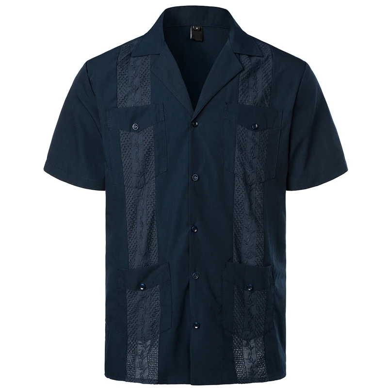 Embroidery Floral Patchwork Shirts for Men Casual Multi-Pocket Mens Short Sleeve Shirt Cuban Camp Guayabera Ethnic Men Clothing 5