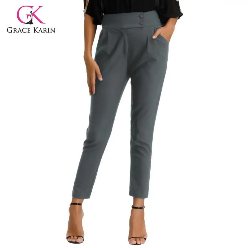 

Grace Karin Women's High Waist Pencil Pants Ladies Office Work Cropped Pants Side Buttons Capris Csual Solid Color Trousers 2019