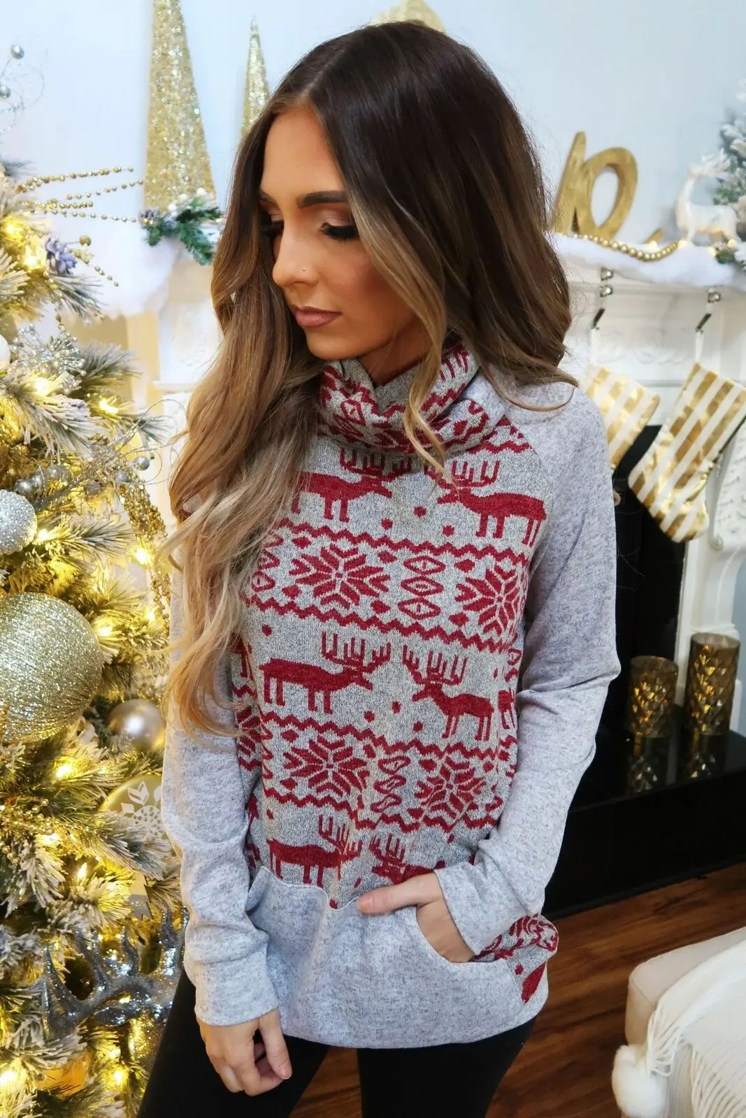 

Brand New Women Sweaters Print Christmas Pullover Top Long Sleeve Print Turtleneck Pocket Autumn Loose Long Fashion Hot 2019