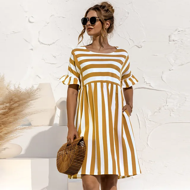 Dress Women Summer Cute Loose Striped Print Ruffles Sleeves Dresses Elegant A Line Patchwork Beach Party Female Dress Vestidos WDA4012-YELLOW
