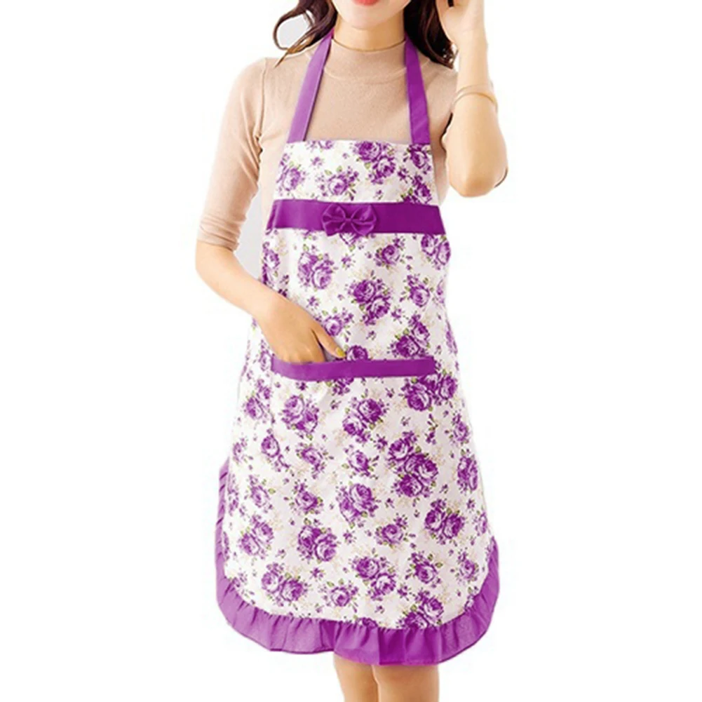 Women Bib Floral Print Bowknot Kitchen Restaurant Cooking Pocket Dress Apron Polyester Peach Skin Floral Print Bowknot Pocket