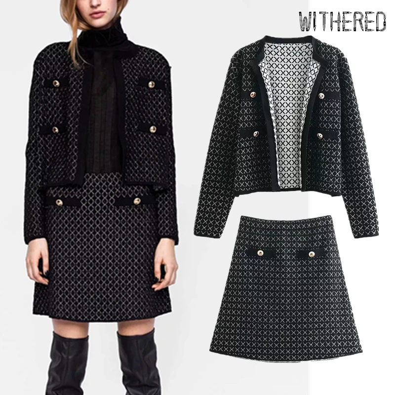 

Withered england elegant office lady court knitting cardigans jacket women sexy A-line mini skirt women blazer suit 2 pieces set