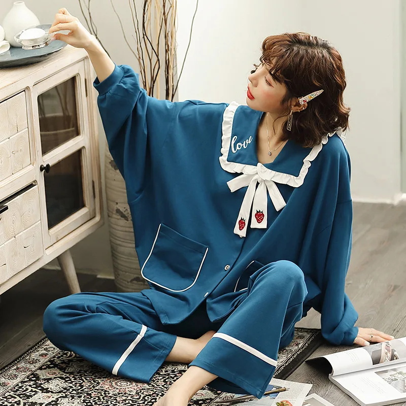 

Pajamas Women's Autumn And Winter Pure Cotton Pajamas Suit Korean-style Solid Color Large Lapel Loose And Plus-sized Pure Cotton