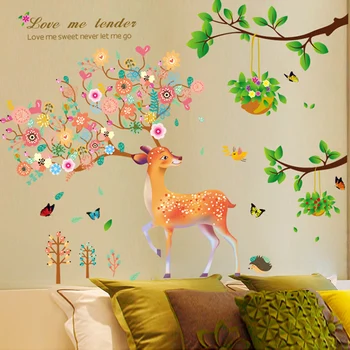 

[shijuekongjian] Tree Branch Leaves Wall Stickers DIY Deer Animal Wall Decals for Living Room Kids Bedroom House Decoration