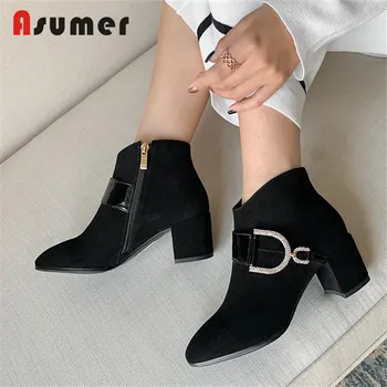 

ASUMER 2020 New genuine leather boots square high heels autumn winter boots black dress shoes women's ankle boots
