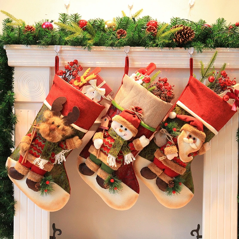 

Merry Christmas Stocking Santa Claus Sock Plaid Burlap Gift Holder Christmas Tree Decoration New Year Gift Candy Bags