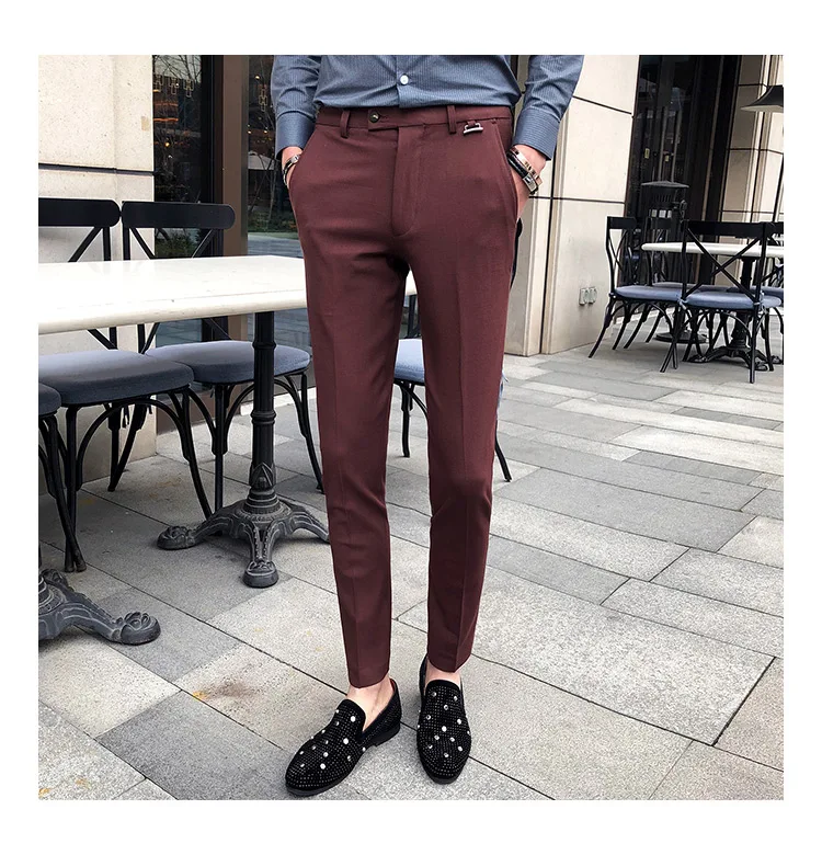 Эластичные Calcas Social Masculina, облегающие брюки цвета хаки, бордовые мужские деловые штаны, Зимние Мужские модельные брюки, облегающие черные