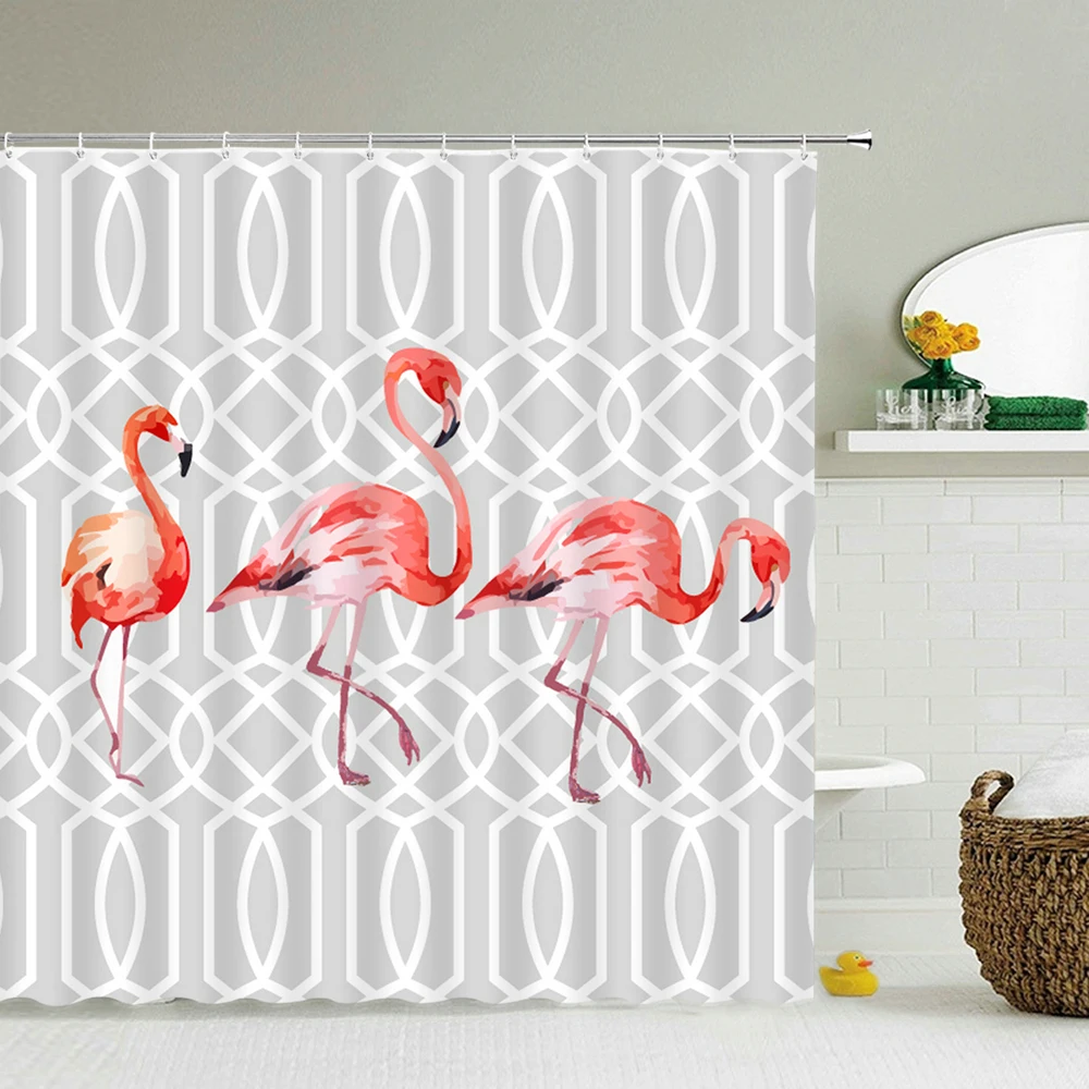 

Flamingo Shower Curtain Fabric Waterproof Polyester Bathroom Curtains Pink Birds With Hooks 240X180 Decoration Bath Screen