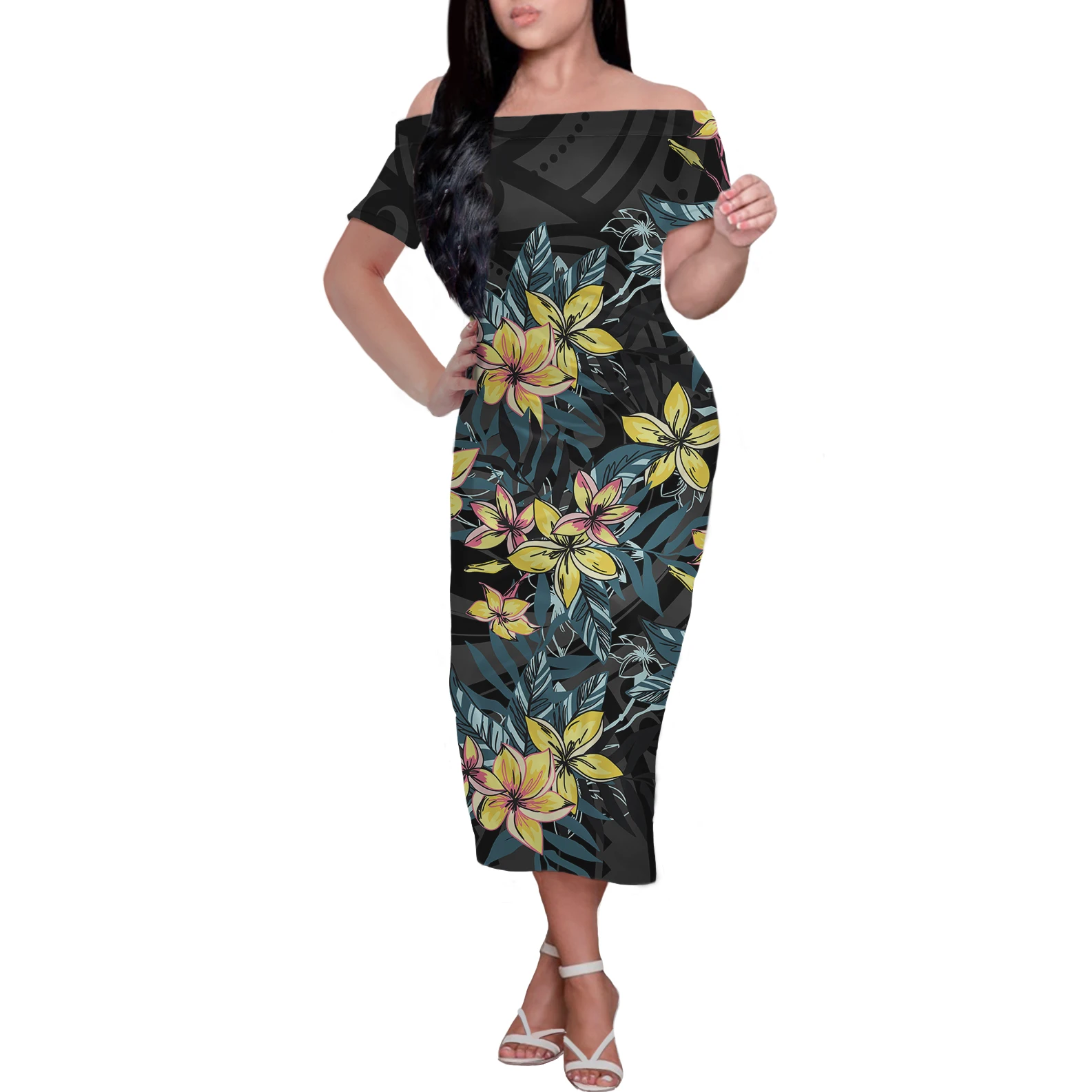 New Samoa Gowns Sexy Short Sleeve Off Shoulder Dress Polynesian Tribal Frangipani Hibiscus Printing Formal Occasions Maxi Dress