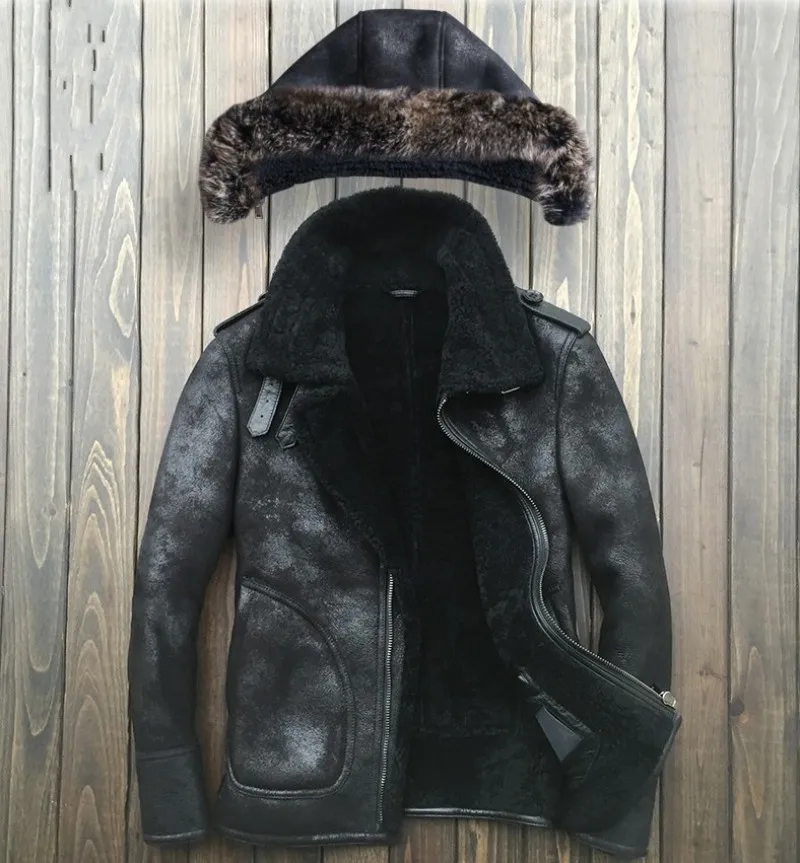black hooded Стрижка овец мужские из натуральной кожи летные куртки зимние толстые натуральный мех нагрудные эполеты Мужская теплая верхняя одежда пальто размера плюс 5XL - Цвет: black hooded