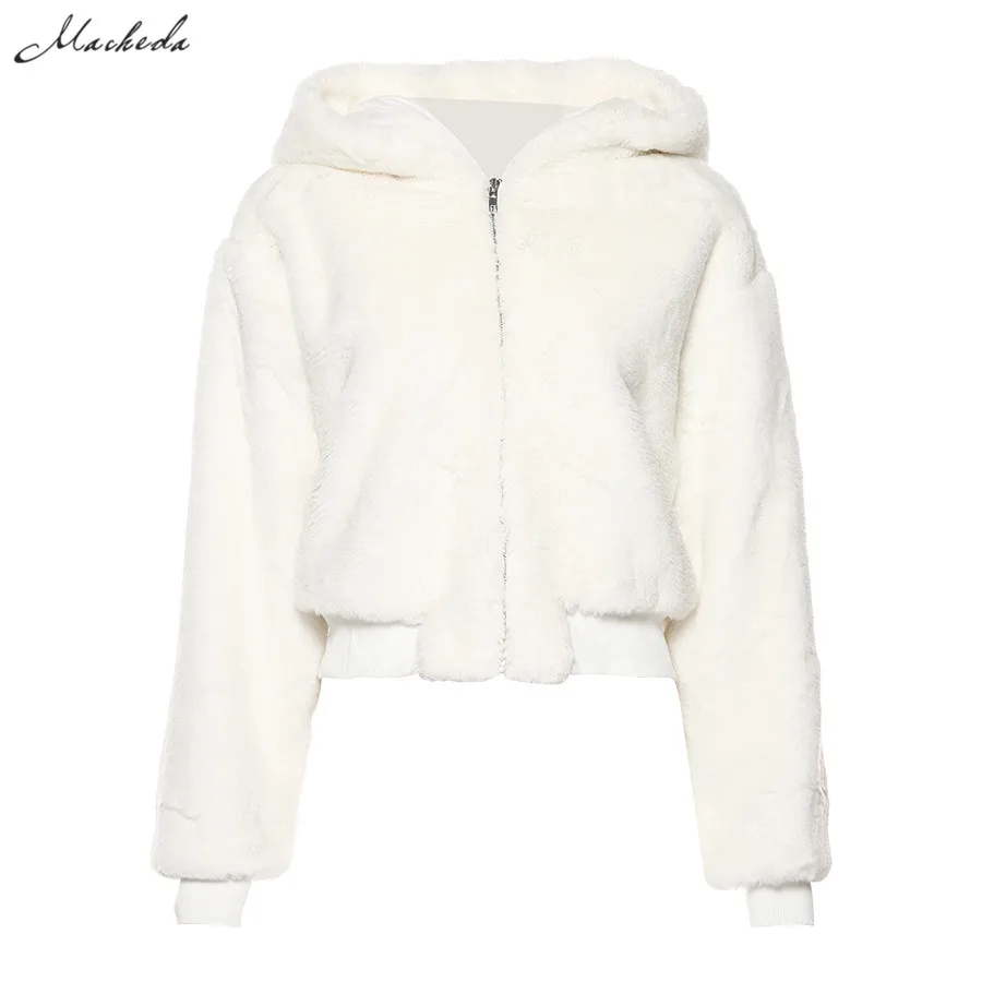 Macheda Autumn Winter Women Zipper Hooded White Long Sleeve Thick Fleece Outwear Fashion Lady Street Casual Jackets New