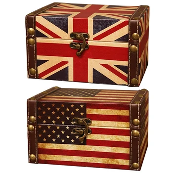 

2 Pcs Wooden Box Casket Lock Desktop Storage Box Finishing Muhe Jewelry Box-Rice Flag & Stars and Stripes