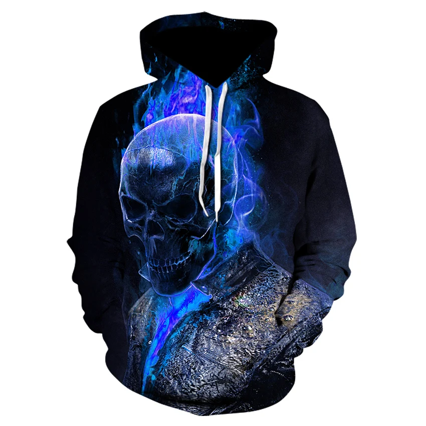 2020 new Blue flame Skull Hoodies 3d Hip Hop Hoody Sweatshirt Men Women Streetwear Autumn winter Tops Pullovers black jacket