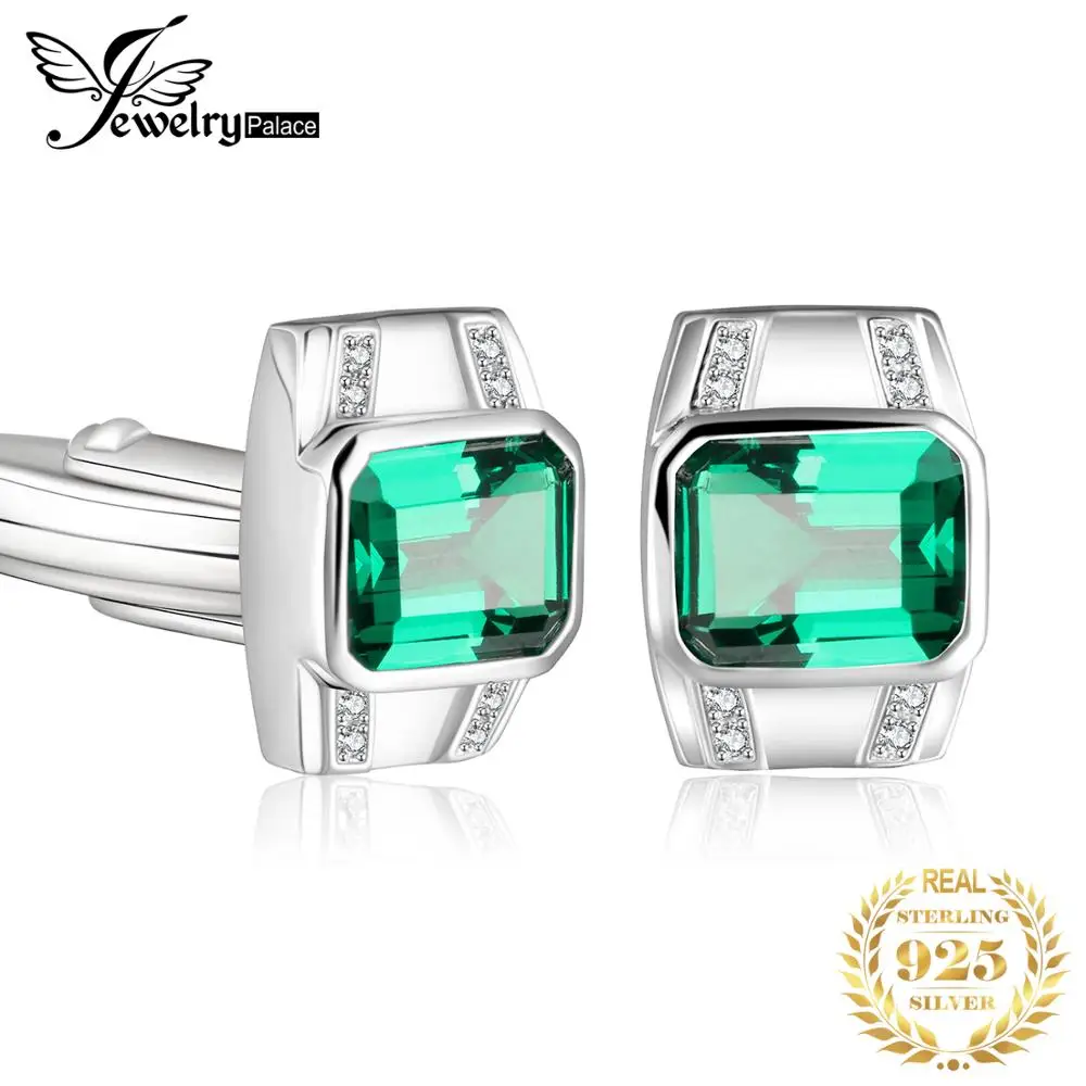 JewelryPalace Classic Men Created Nano Russian Emerald Anniversary Wedding Cufflinks 925 Sterling Sliver