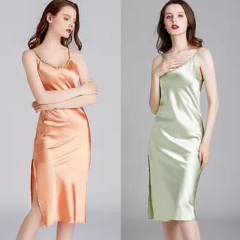 

Pajamas Women's Spring And Summer Silk Thin-Slip Nightdress Women's Summer Elegant Medium-length Dress Tracksuit 1684