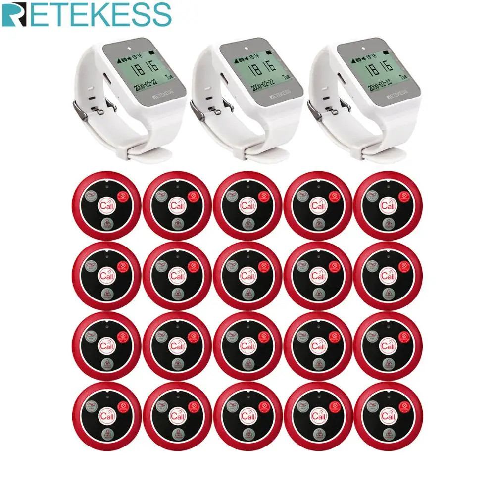

RETEKESS Wireless Waiter Calling System Customer Service Restaurant 3pcs TD108 Watch Receiver +20pcs Call Button Wireless Pagers