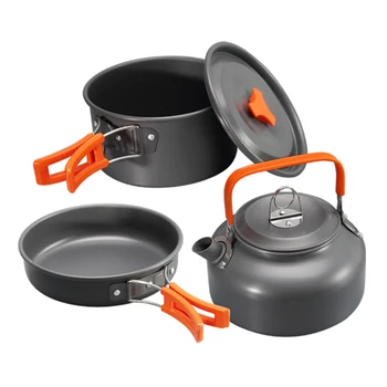 

3pcs Outdoor Kit Rustproof Cooking Aluminum Alloy Pot Pan Teapot Combination Non Stick Camping Cookware Set Lightweight Hiking