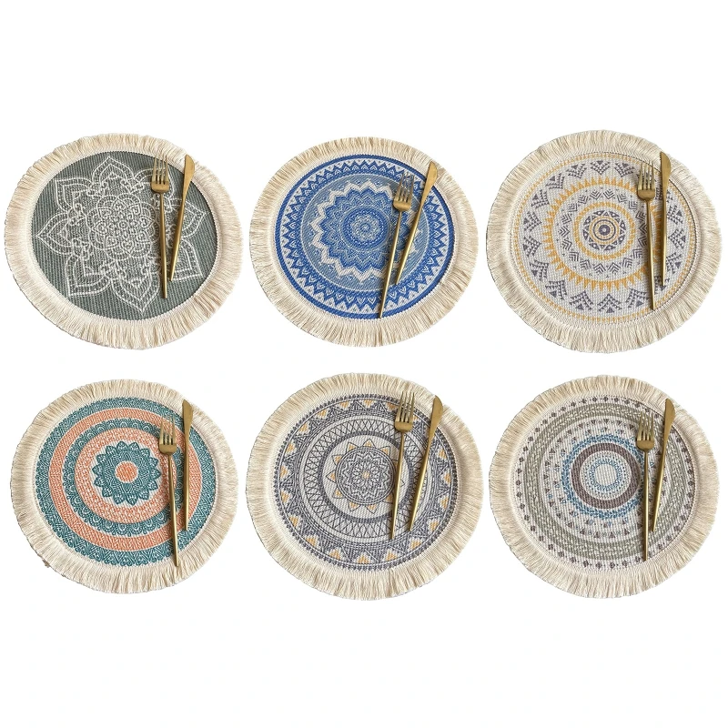 New Round Cotton Woven Placemats Bohemian Tassels Table Mat Insulation Pad Place | Дом и сад