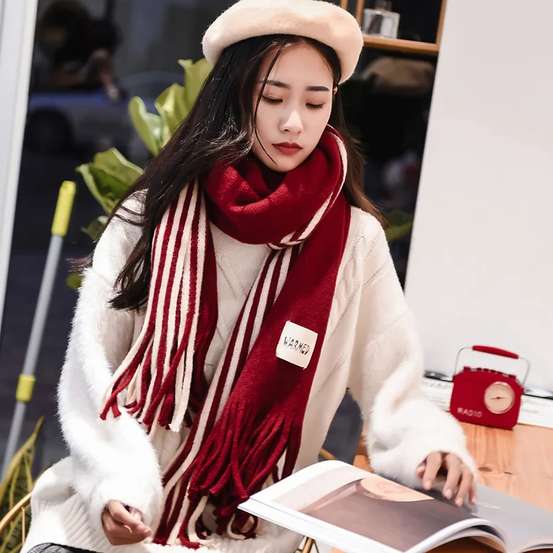 Stripe wine red Женские однотонные кашемировые шарфы, женские зимние плотные теплые мягкие пашмины шали, шали, палантины, розовый, черный, Женский вязаный шерстяной длинный шарф - Цвет: Stripe wine red