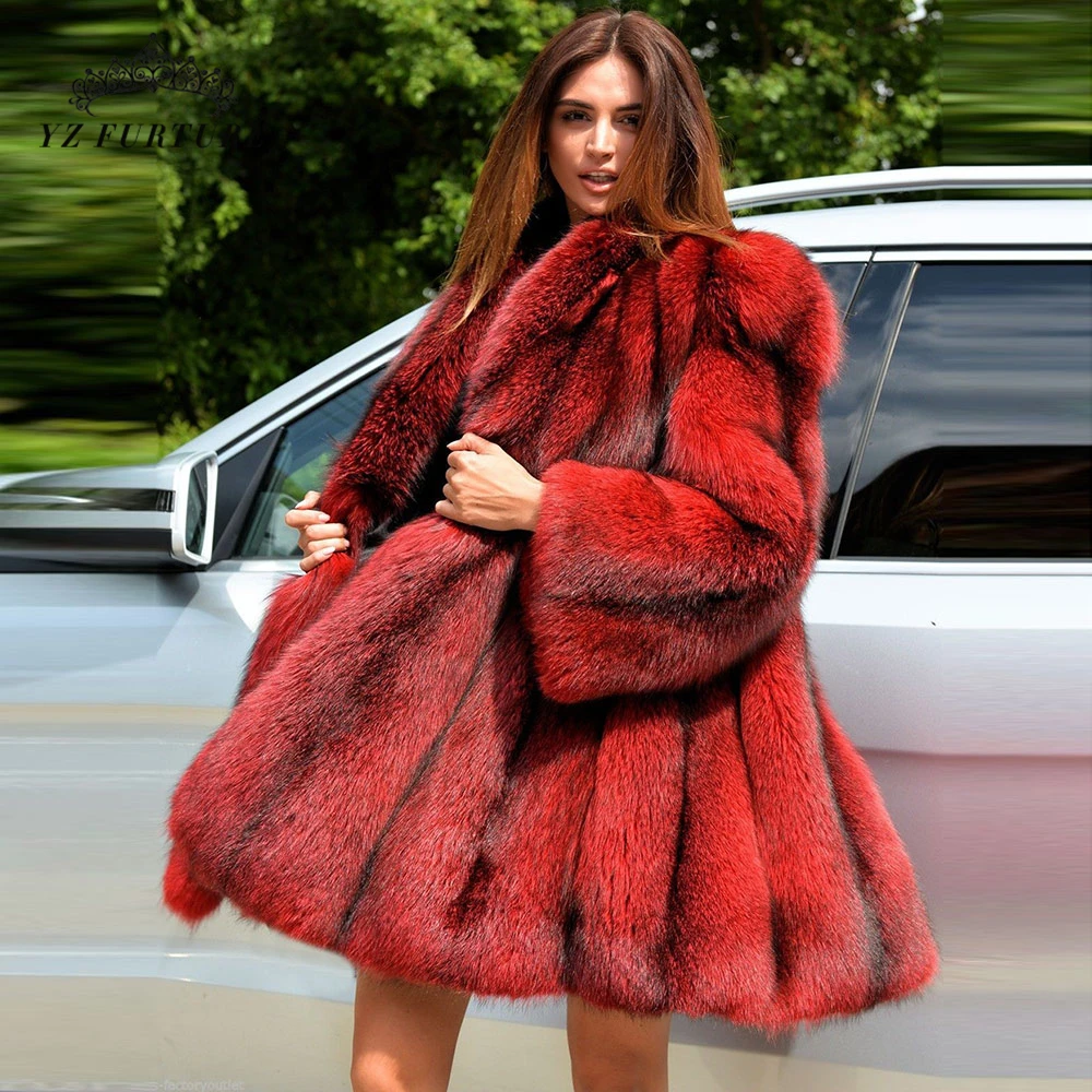 80cm Women Fashion Real Full Pelt Fox Fur Hood Coats Genuine Thick Fur  Jackets
