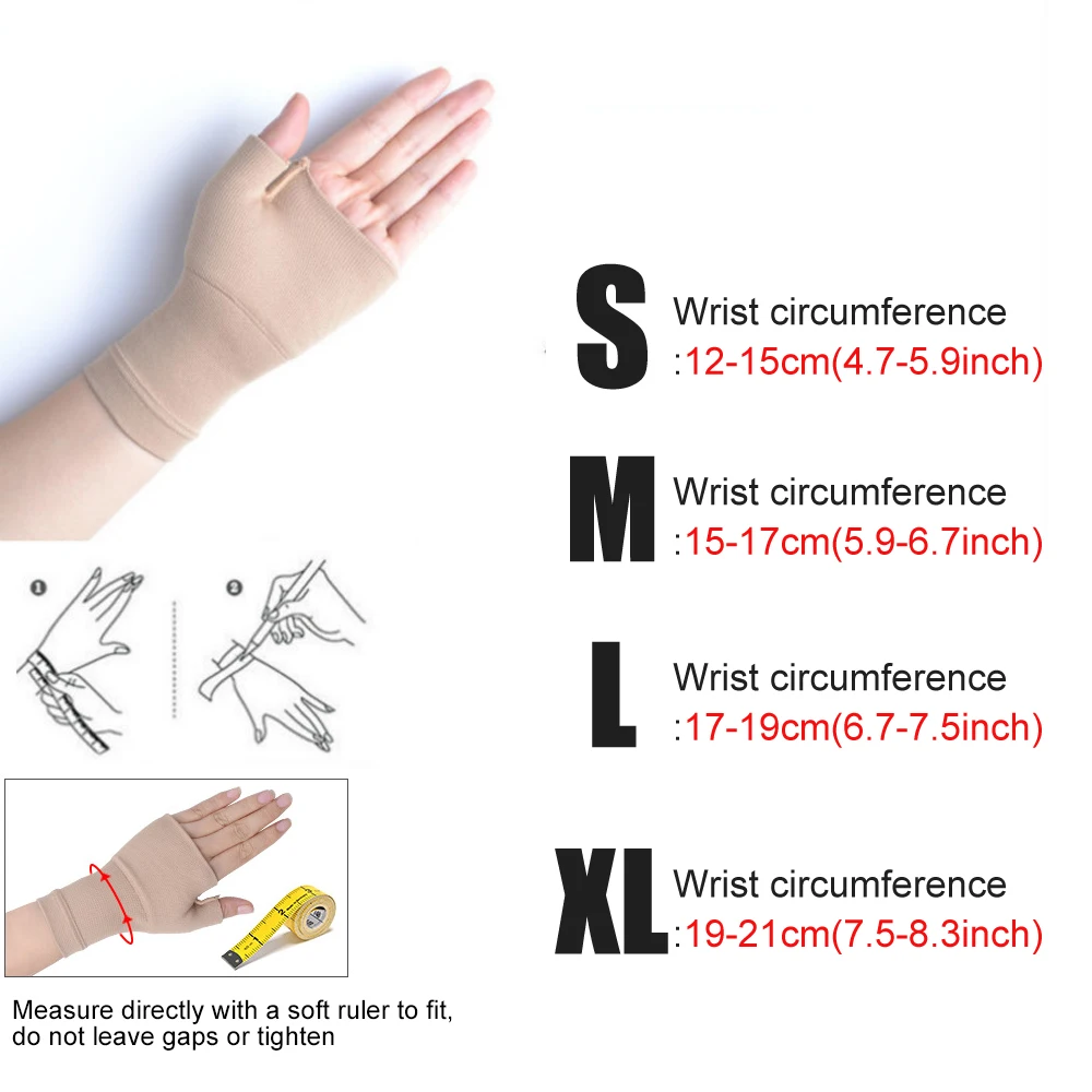 Size chart for the wrist and thumb compression sleeve showing wrist circumference measurement ranges in centimeters for sizes S, M, L, and XL to help buyers select the correct compression sleeve size.
