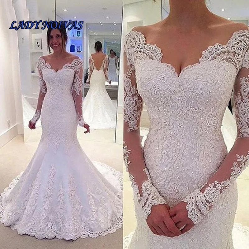 Vestidos De Noiva, v-образный вырез, кружевное свадебное платье русалки, свадебные платья с глубоким вырезом на спине, длинные рукава, бисероплетение, свадебные платья, свадебное платье