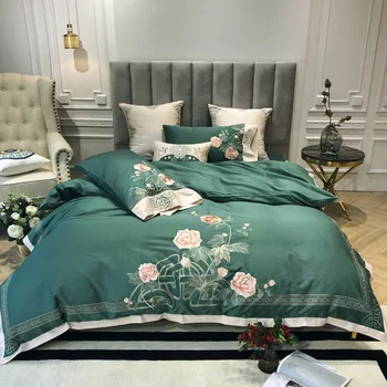 

Embroidery Egyptian Cotton Four-Piece 100% Cotton Bed Sheet Embroidered Quilt Cover Bedding Set bed comforter