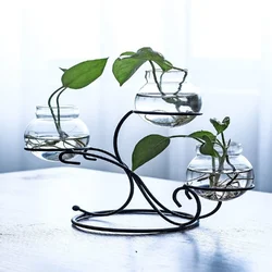 Décoration hydroponique en céramique pour la maison, Vase avec cadre en fer et verre, petite fleur créative pour l'intérieur et le balcon 