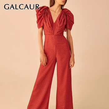 

GALCAUR Elegant Dot Hit Color Jumpsuit Female V Neck Puff Sleeve High Waist Tunic Jumpsuits Women 2020 Fashion Spring Clothes