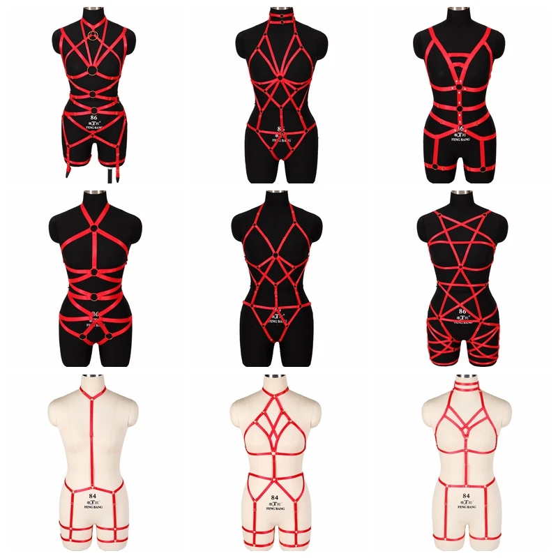 

Full Body Harness Red Strappy Lingerie Top Cage Leg Garter Belt Elastic Plus Size Punk Goth Women Hollow Out Festival Club Wear