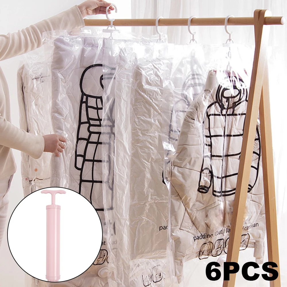

6pcs/set Can Hang Vacuum Bag for Clothes Foldable Transparent Border Compression Organizer Pouch Sealed Storage Bags Save Space