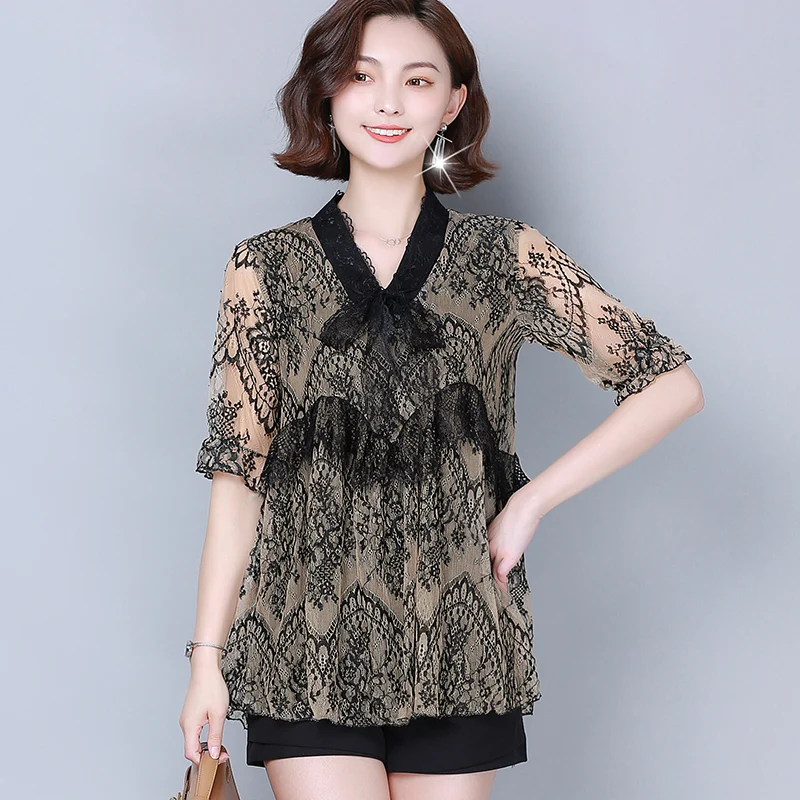 Летние кружевные топы с цветами женские шифоновые блузки коротким рукавом