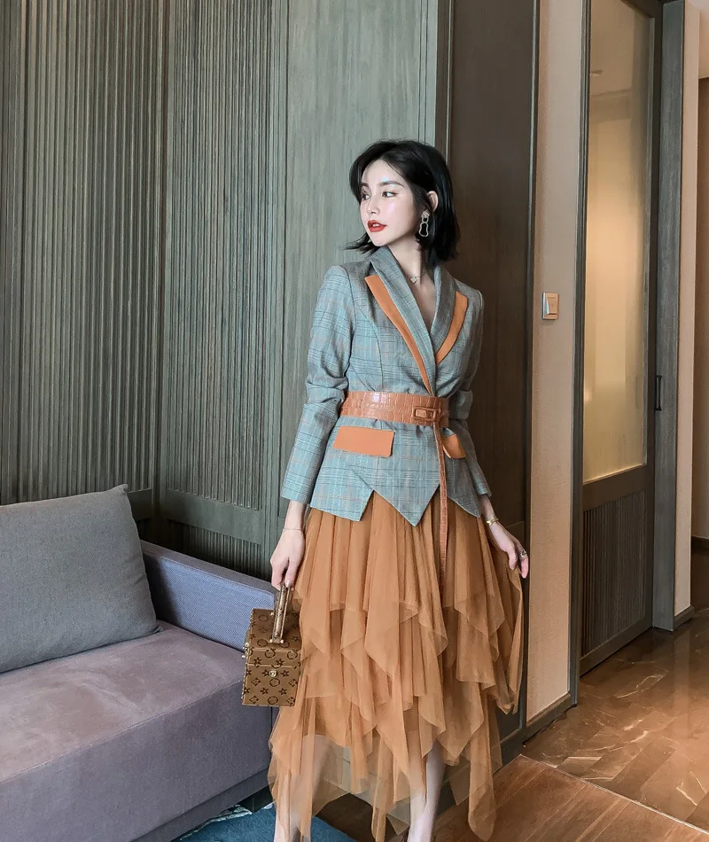 2 Piece Set Autumn Vintage Women Suit Plaid Full Sleeve V Neck Suit Top and Mesh Skirt Office Two Piece Set Elegant Vestidos