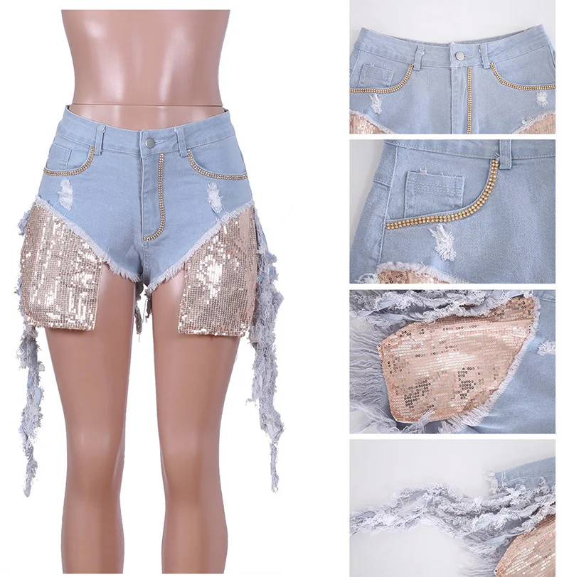 workout clothes for women Bonnie Forest Women Washed Denim Shorts With Sequins Patchwork Detail Casual New Fringe Trim Ripped Skinny Denim Shorts XXL fashion dress